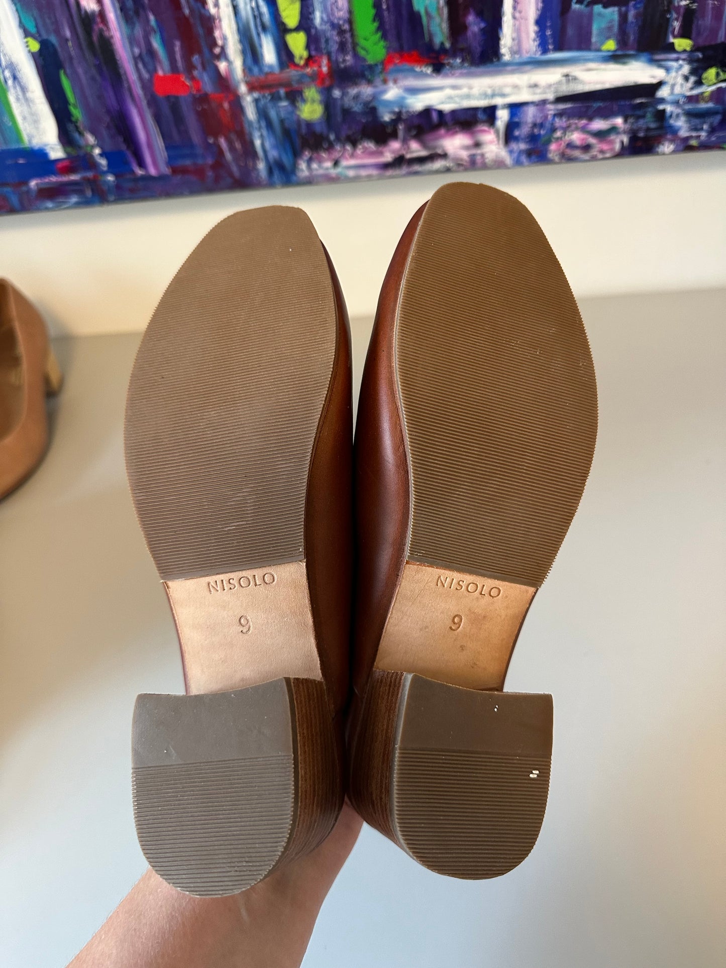 New Nisolo Brandy Leather Block Heel Mules | Size 9