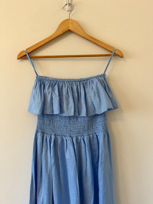NWT Lusana Linen Strapless Ruffle Baby Blue Maxi Dress | Size Medium