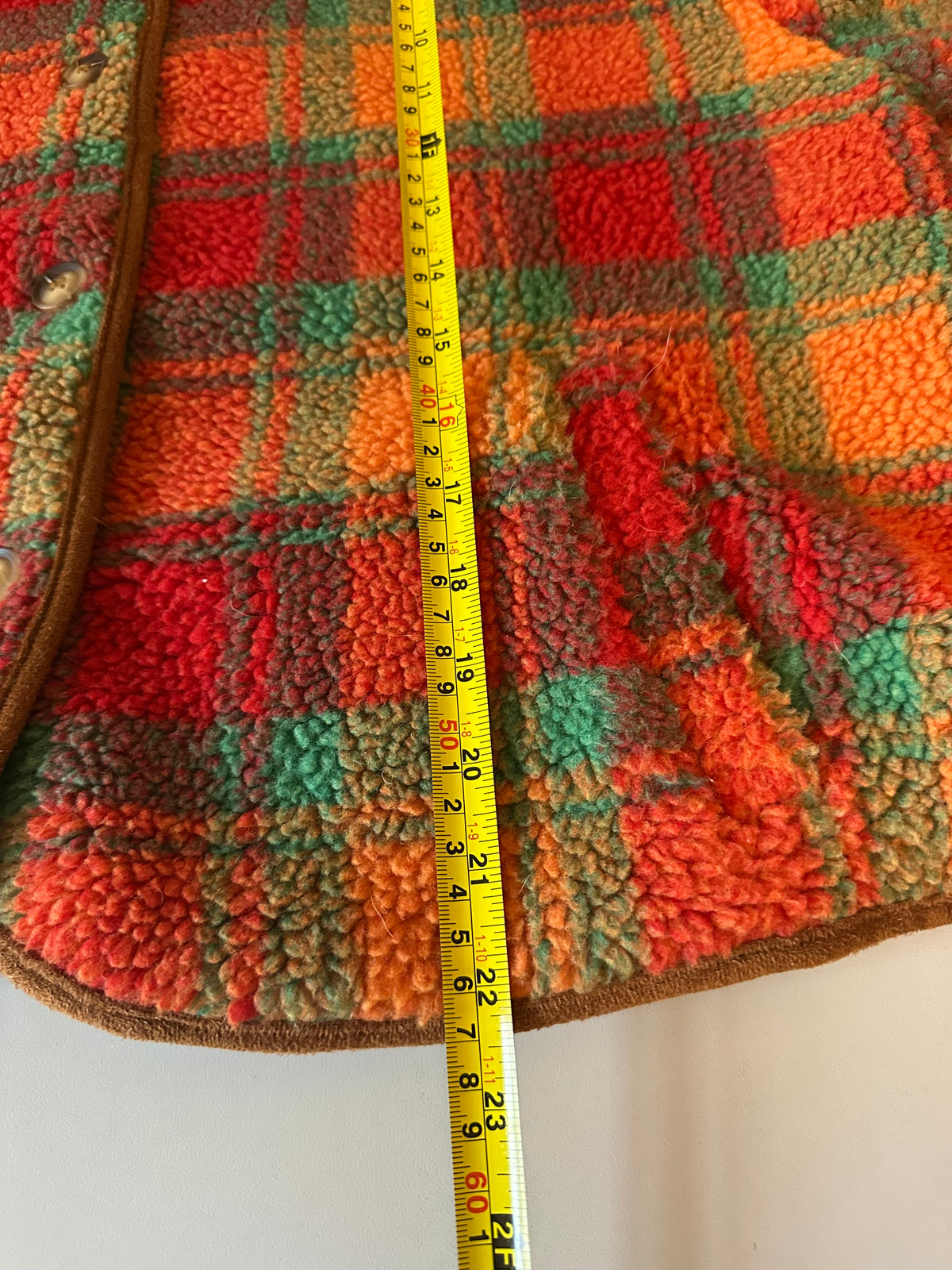 Cider Plaid Sherpa Fleece Jacket in Red, Orange, and Green | Size XL