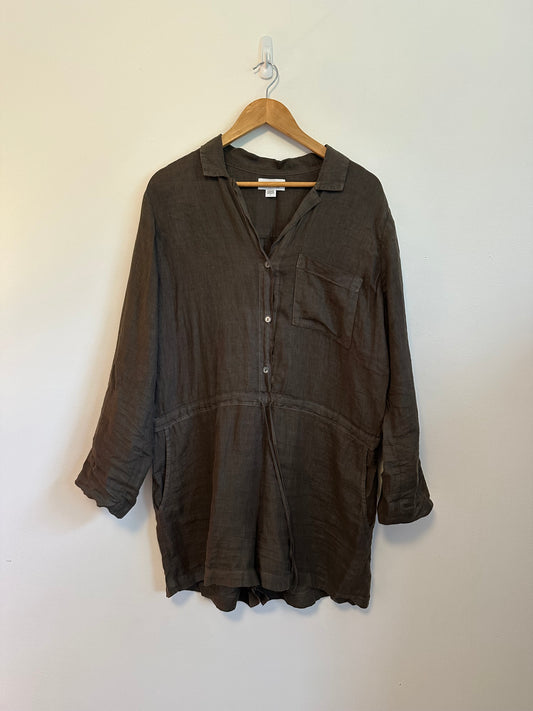 Velvet by Graham & Spencer Ruth Brown 100% Linen Long Sleeve Romper | Size Large