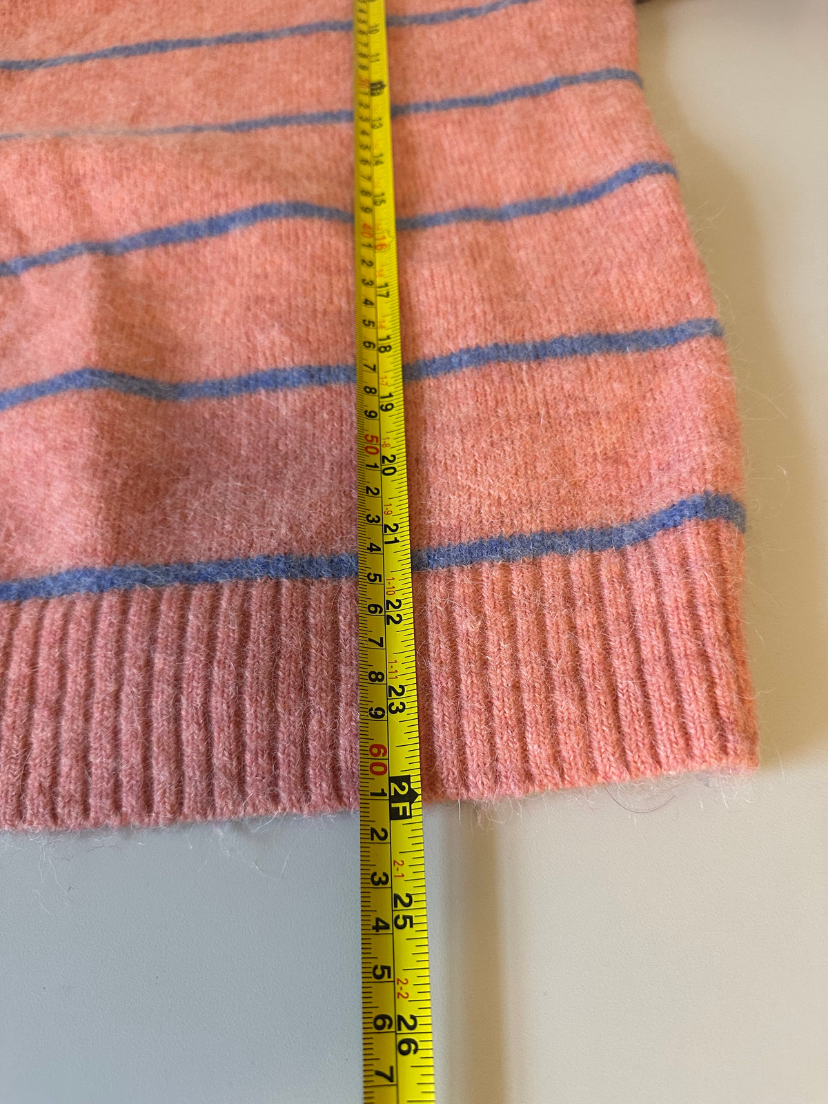 J. Crew Coral Pink and Blue Striped Fuzzy Knit Crewneck Sweater | Size XS