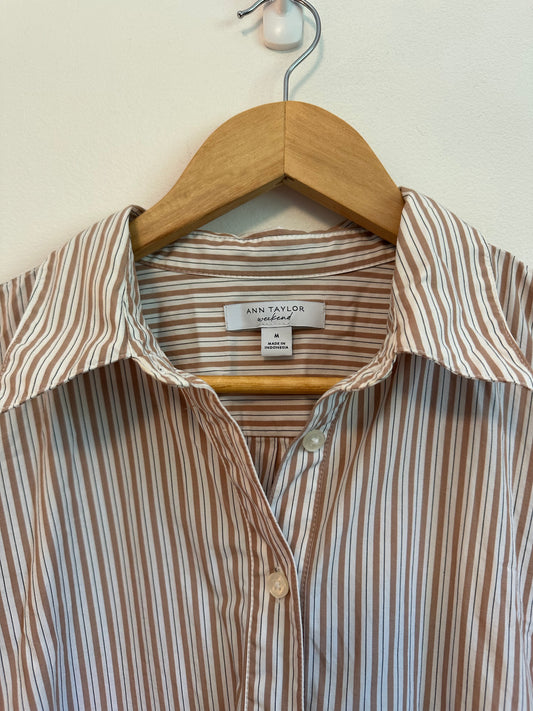Ann Taylor Tan and White Striped Cotton Button Down Shirt | Size Medium