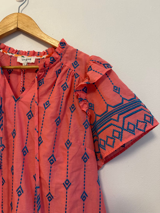 NWT Umgee Coral Pink Embroidered Ruffle Boho Blouse | Size Small