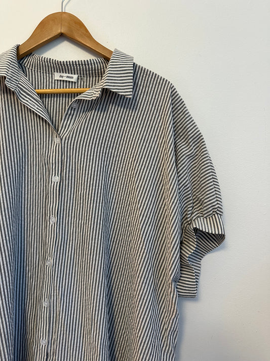 Day + Moon Grey and White Striped Oversized Short Sleeve Shirt Dress | Size Small