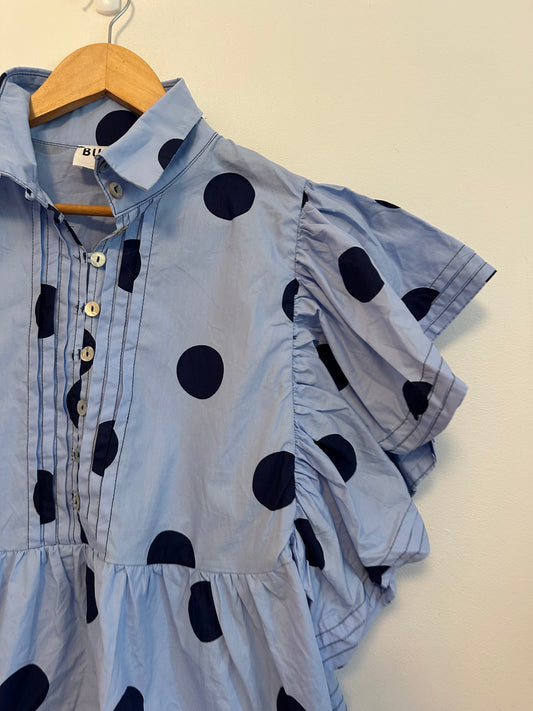 Bucket List Blue Polka Dot Peplum Ruffle Sleeve Button Down Top | Size Medium