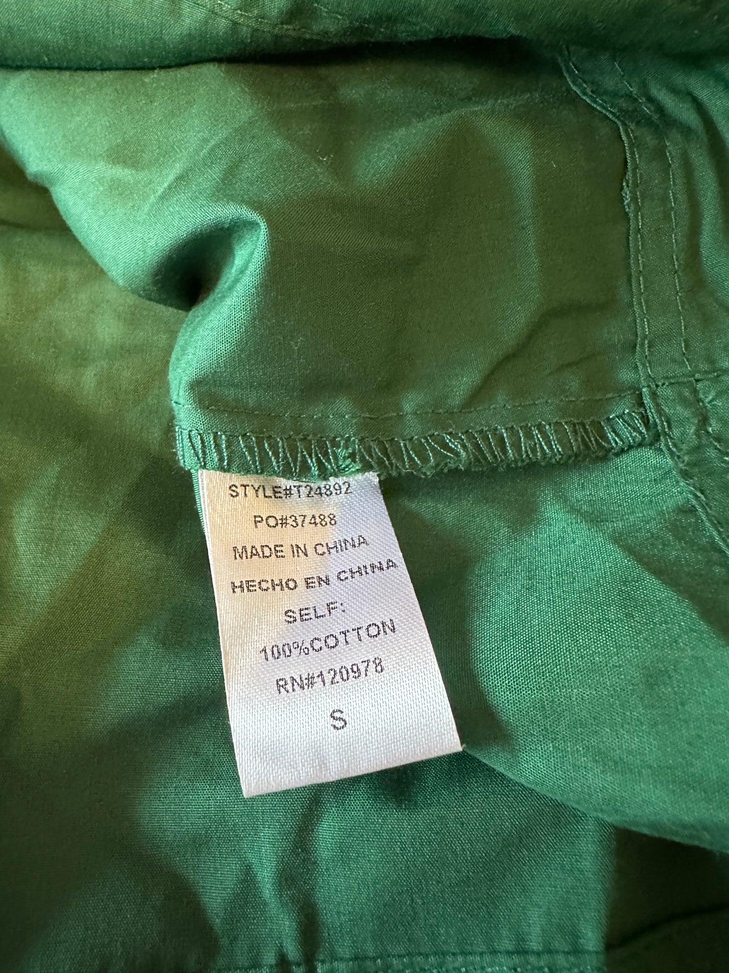 Entro Green Cotton Puff Sleeve Contrast Stitch Split Neck Blouse | Size Small
