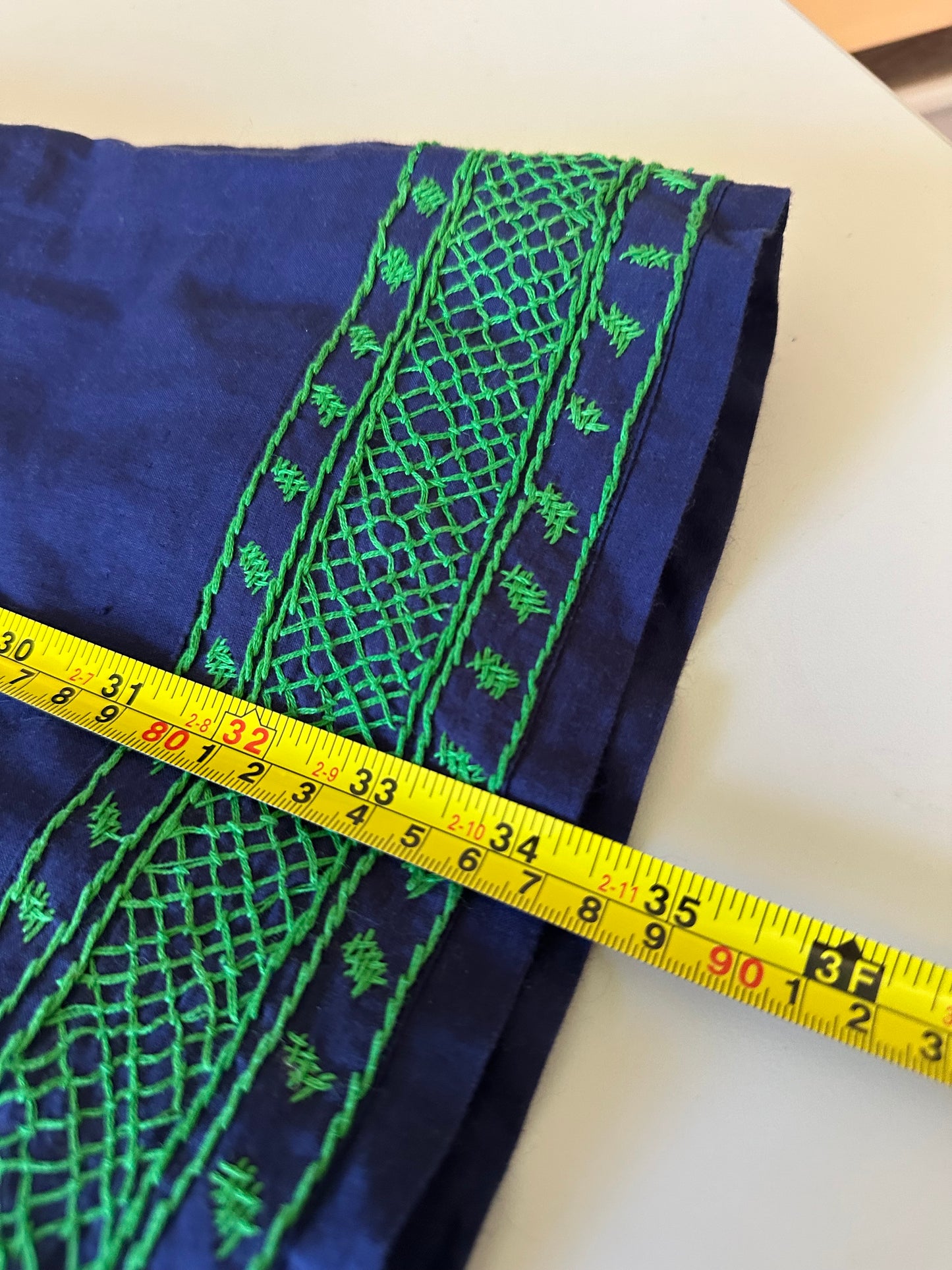 Gretchen Scott Navy Blue and Green Embroidered Fringe Cotton Tunic | Size Medium