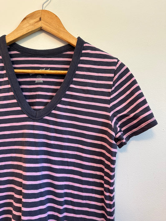 Universal Thread Navy Blue and Pink Striped V-Neck Cotton T-Shirt Dress | Size Small
