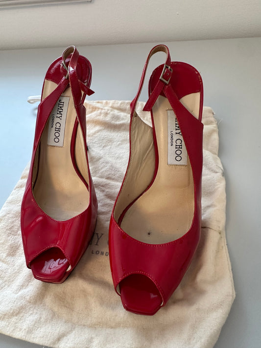 Jimmy Choo Red Patent Leather Sling Back Heels | Size 37.5