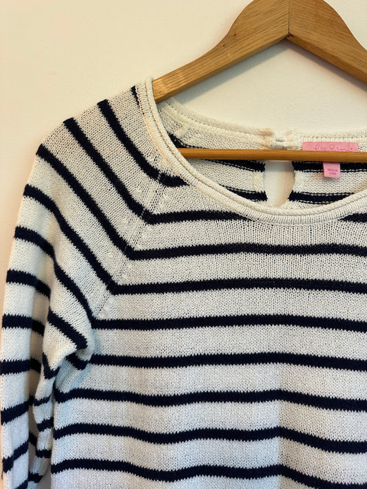Lilly Pulitzer Navy and White Striped Cotton Knit Keyhole Back Sweater | Size Small