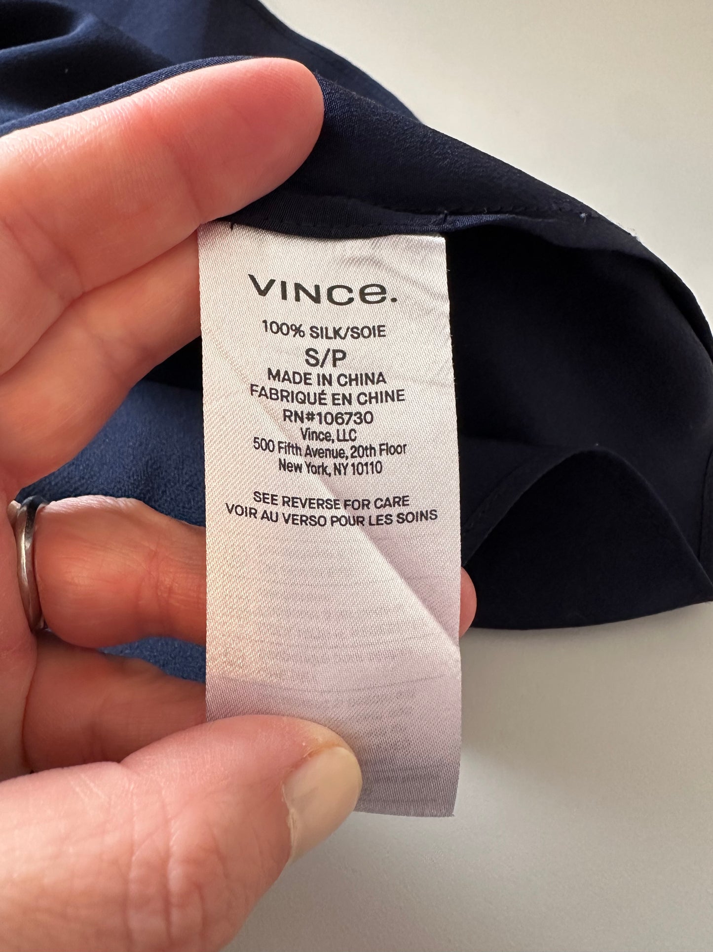 Vince Silk Short Sleeve Navy Blue Blouse | Size Small