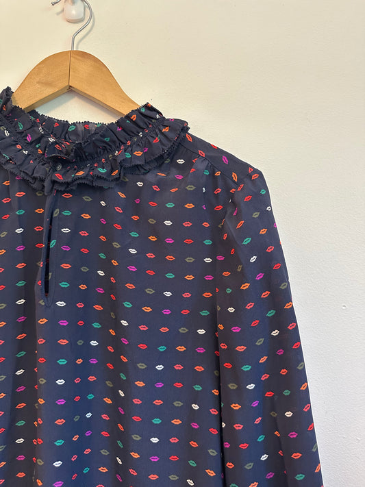 J. Crew Navy Blue Silk Lip Print Ruffle Neck Long Sleeve Blouse | Size 6