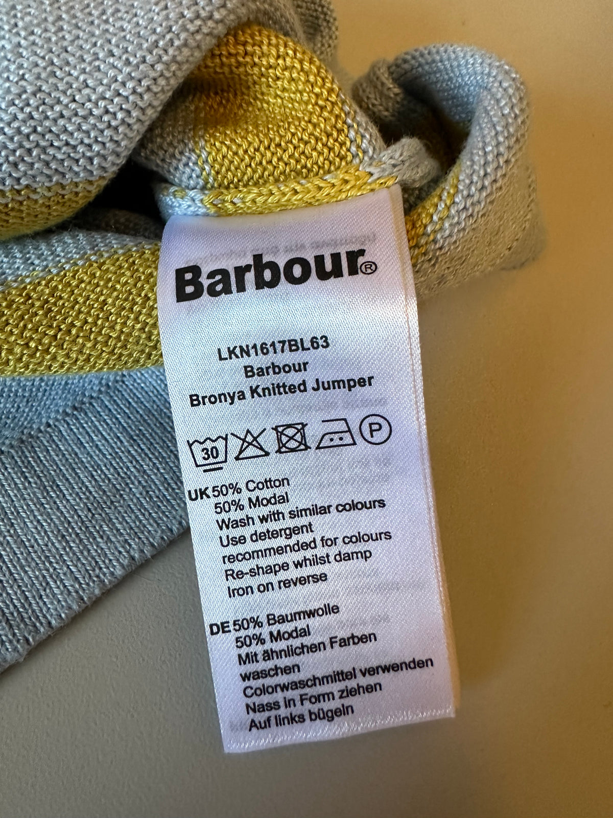 Barbour Bronya Knitted Blue and Yellow Striped Cotton Sweater| Size 6