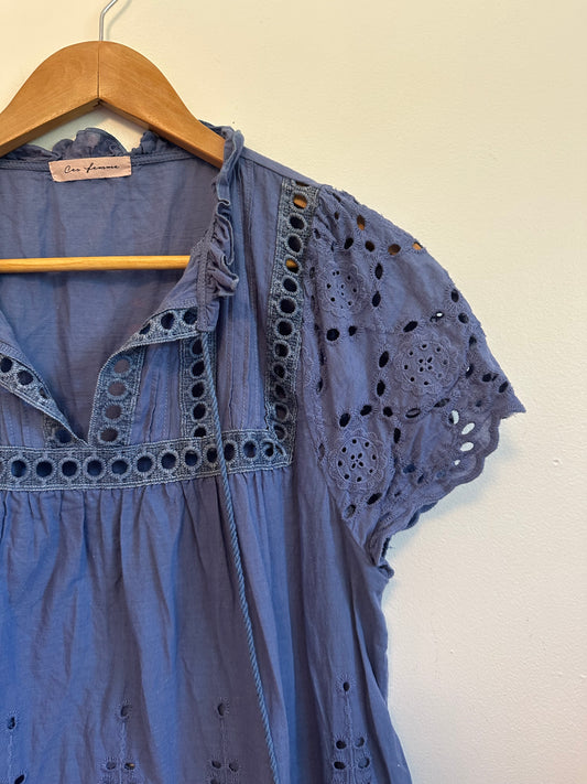 Ces Femme Blue Eyelet Cotton Boho Blouse | Size Small
