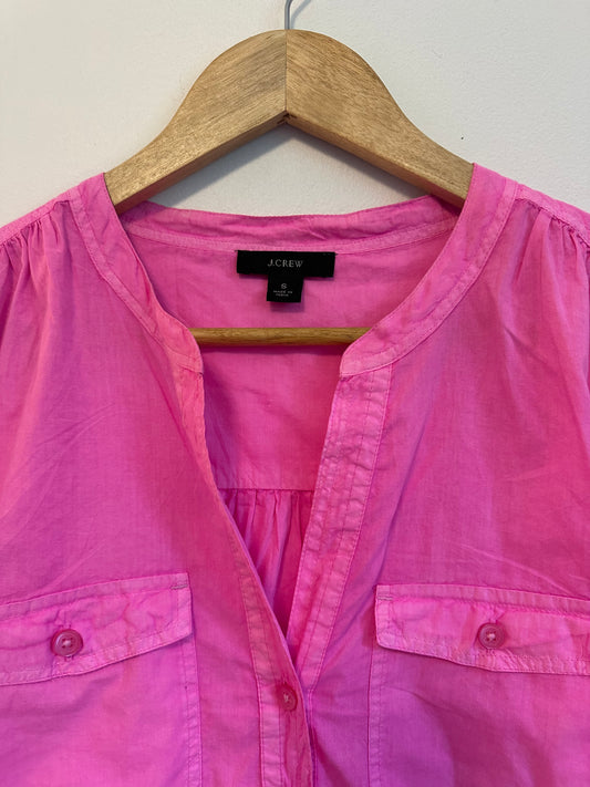J. Crew Hot Pink Cotton Poplin Henley Long Sleeve Band Collar Shirt | Size Small