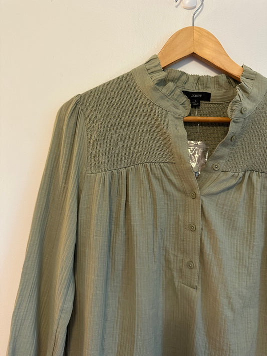 J. Crew Smocked Yoke Cotton Gauze Ruffle Neck Blouse in Olive Green | Size Small