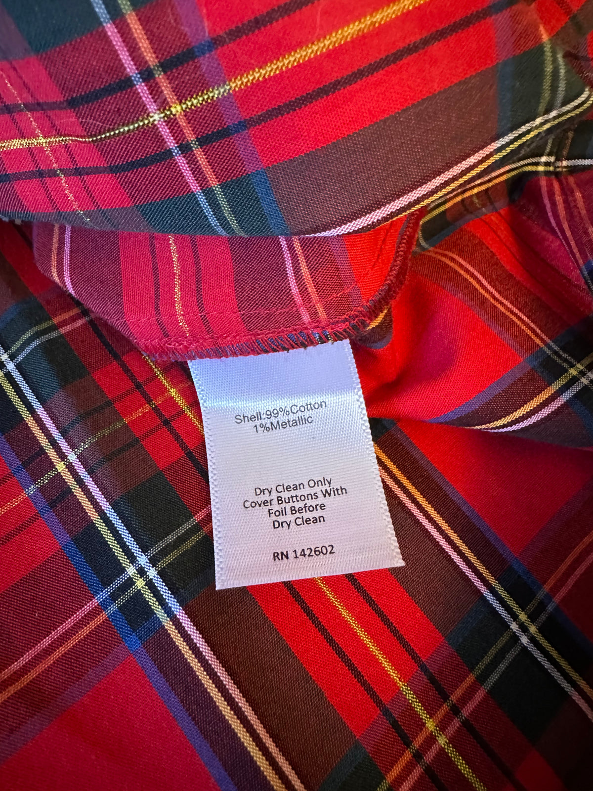 Sail to Sable STS Red Plaid Metallic Gold Button Back Funnel Neck Top | Size Large