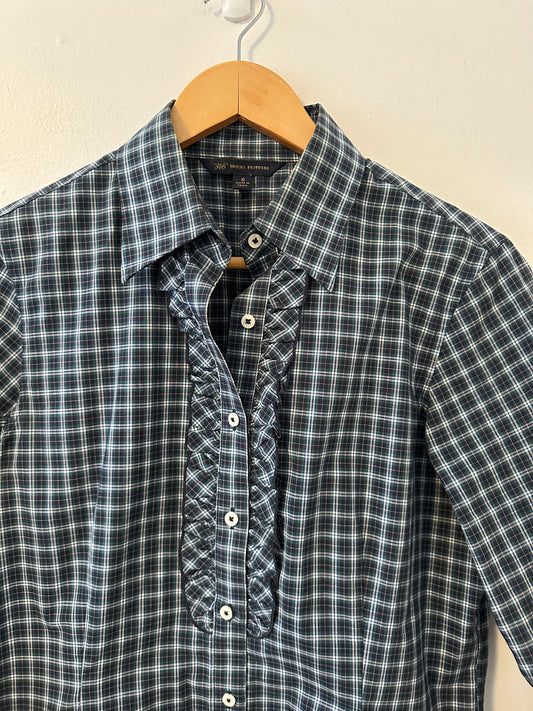 Brooks Brothers Navy Blue Plaid Ruffle Button Down Shirt | Size 8