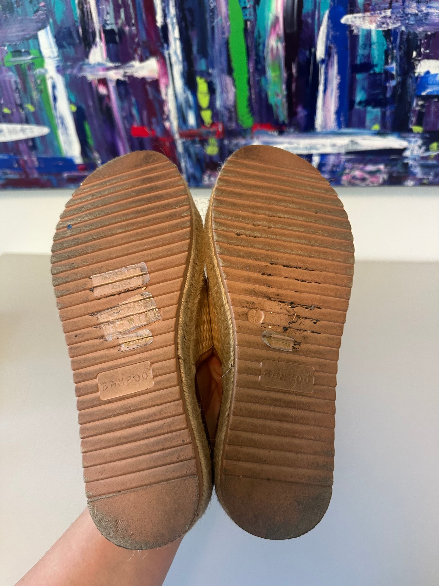 Bamboo Tan Woven Espadrille Platform Slide Sandals | Size 8