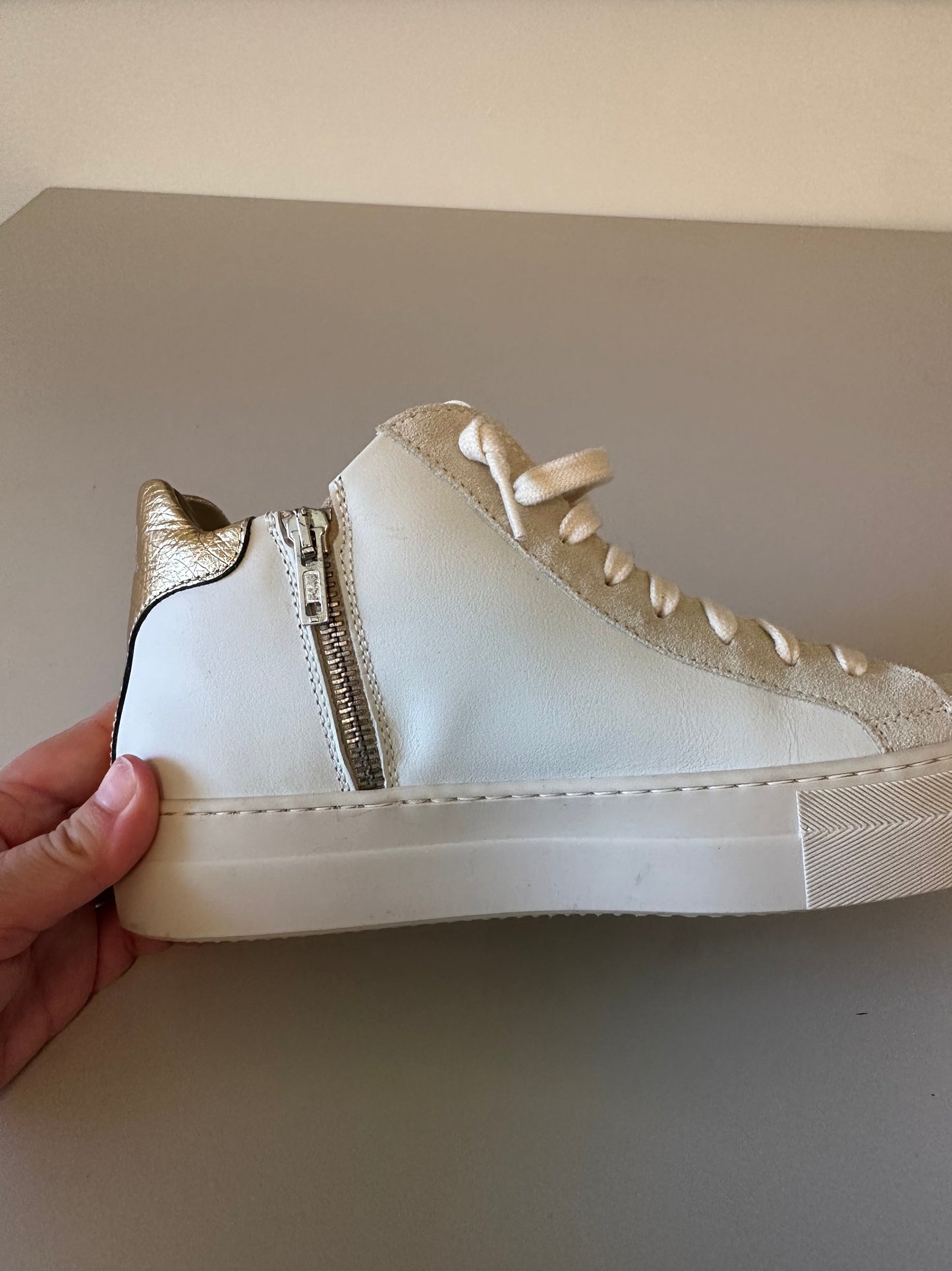 P448 Thea Mid Sneakers in Millenium White Gold Metallic Glitter | Size 38