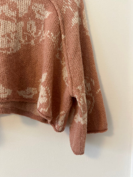 Free People Cropped Floral Sweater in Pink and Cream | Size Small