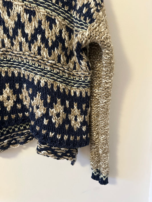 Free People Chunky Knit High Low V-Neck Fair Isle Hooded Sweater | Size Medium