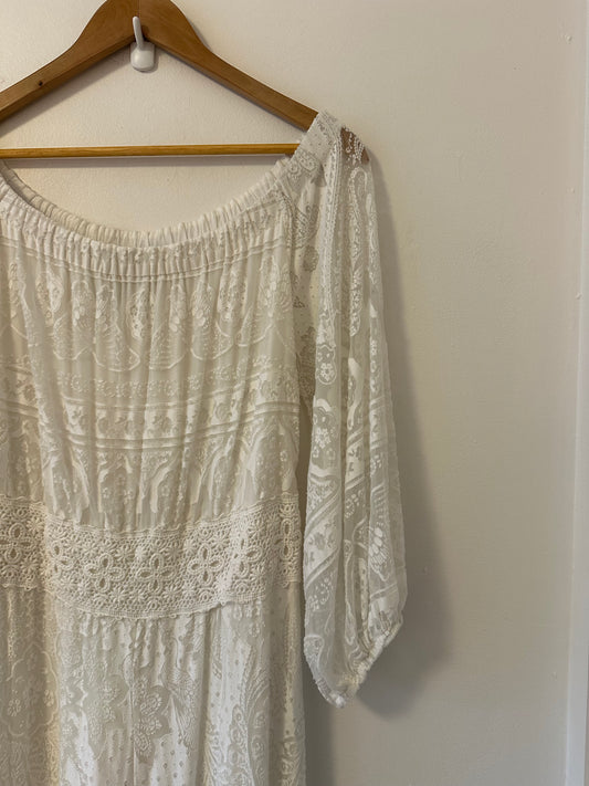 Anthropologie x Farm Rio Elliott Lace White Off the Shoulder Jumpsuit | Size Medium