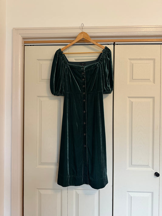 J. Crew Puff Sleeve Button Front Forest Green Velvet Dress | Size 6