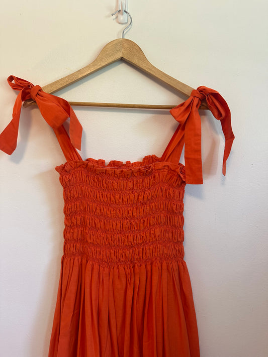 Dynasty George Clementine Maxi Cotton Smocked Dress in Orange | Size XS