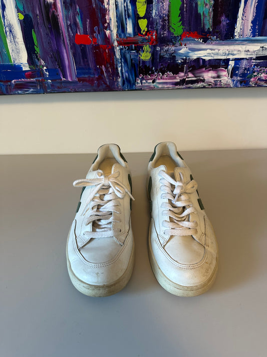 Veja V-12 Leather Sneakers in White and Dark Green | Size 8
