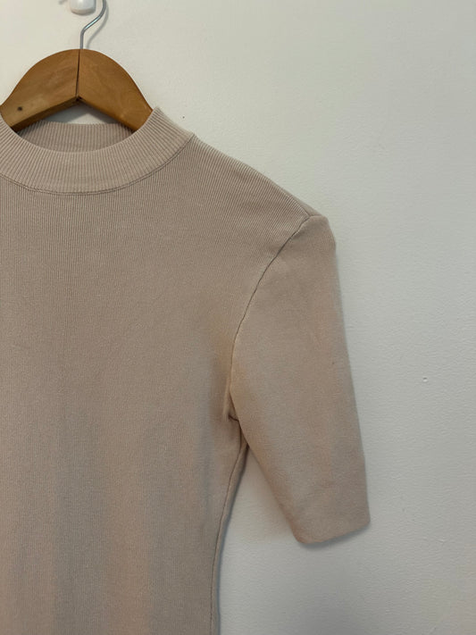 Baltic Born Beige Mock Neck Ribbed Knit Short Sleeve Top | Size Large