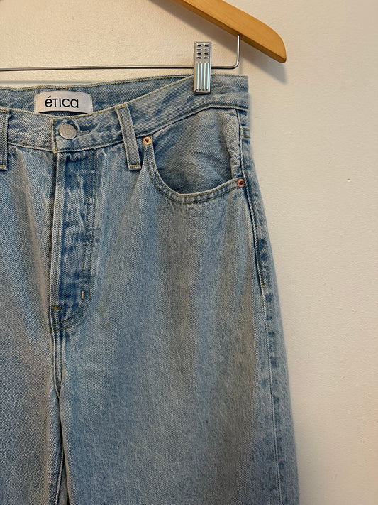 Etica Light Wash High Rise Wide Leg Raw Hem Jeans | Size 28