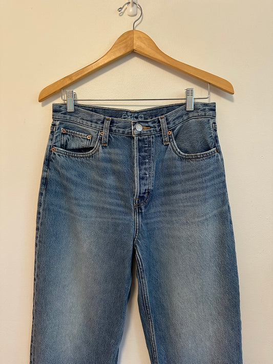 Etica High Rise Straight Leg Jeans Medium Wash Raw Hem Jeans | Size 28
