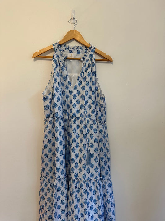 J.Marie Blue and White Block Print Tiered Ruffle Neck Maxi Dress | Size Large