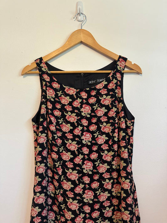 Betsey Johnson Vintage 90s Black Pink Rose Floral Shift Dress | Size 10