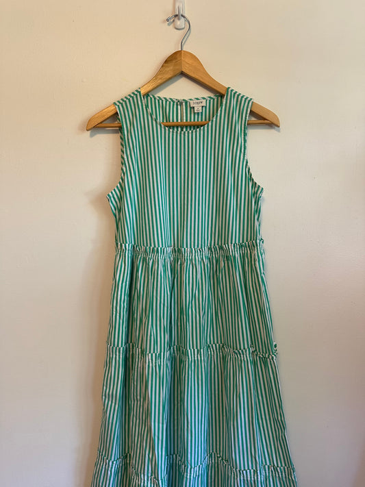 J. Crew Green and White Striped Tiered Sleeveless Dress | Size 2