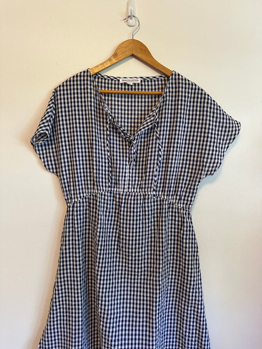 Emerson Fry India Collection Navy Gingham Organic Linen Midi Dress | Size Medium