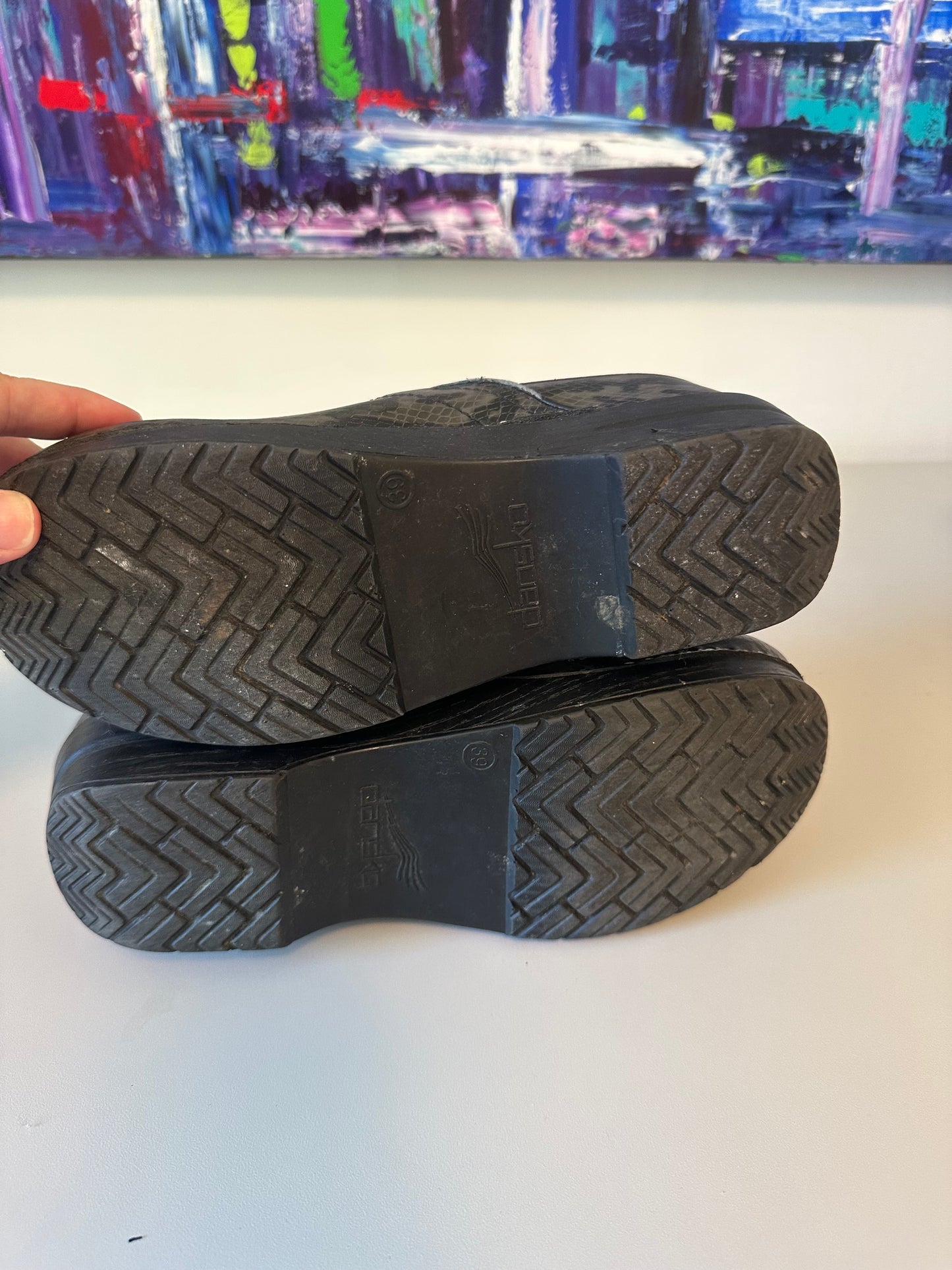 Dansko Professional Grey and Black Snakeskin Leather Clogs | Size 39