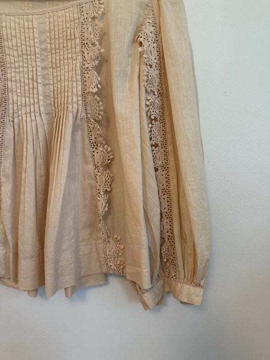 GAP Peach Cotton Pintuck Crochet Lace Boho Puff Sleeve Blouse | Size Medium