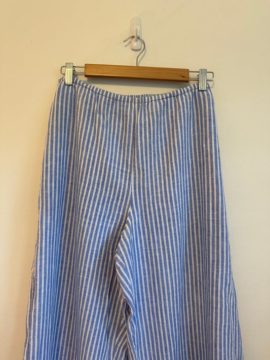 Beachlunchlounge Blue and White Striped Wide Leg Linen Blend Pants | Size Medium