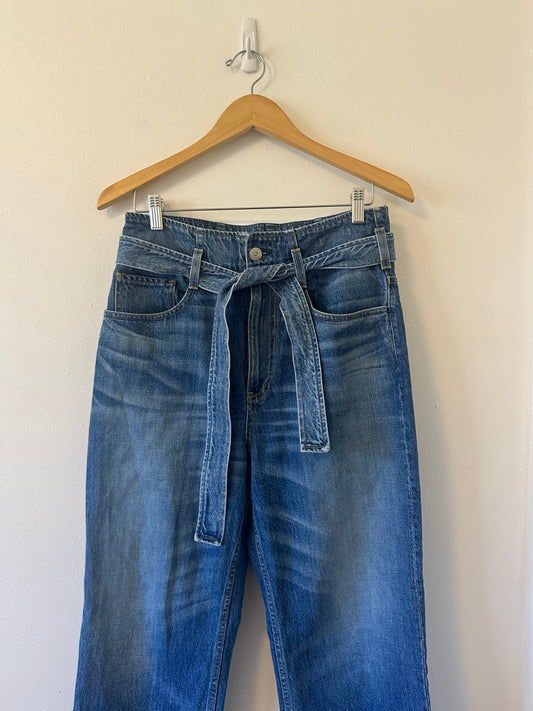 3 x 1 Cotton Straight Leg Belted Paper Bag Waist Blue Jeans | Size 27