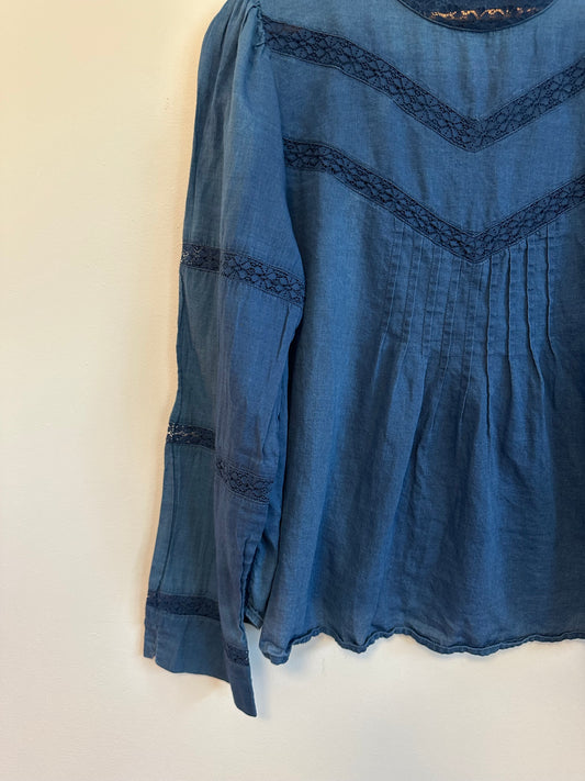 J. Crew Blue Cotton Lace Trim Pintuck Long Sleeve Blouse | Size Large