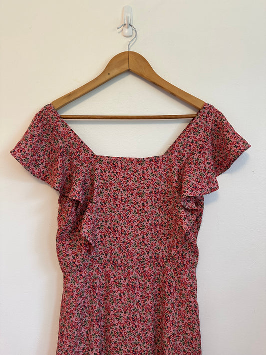 Monteau Los Angeles Pink Floral Ruffle Square Neck Dress | Size Large