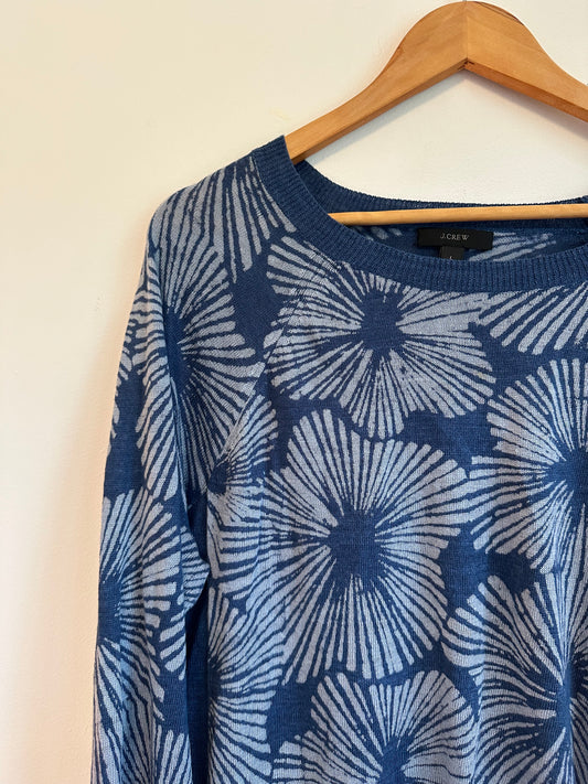 J. Crew Blue Floral Sunburst 100% Linen Raglan Knit Sweater | Size Large