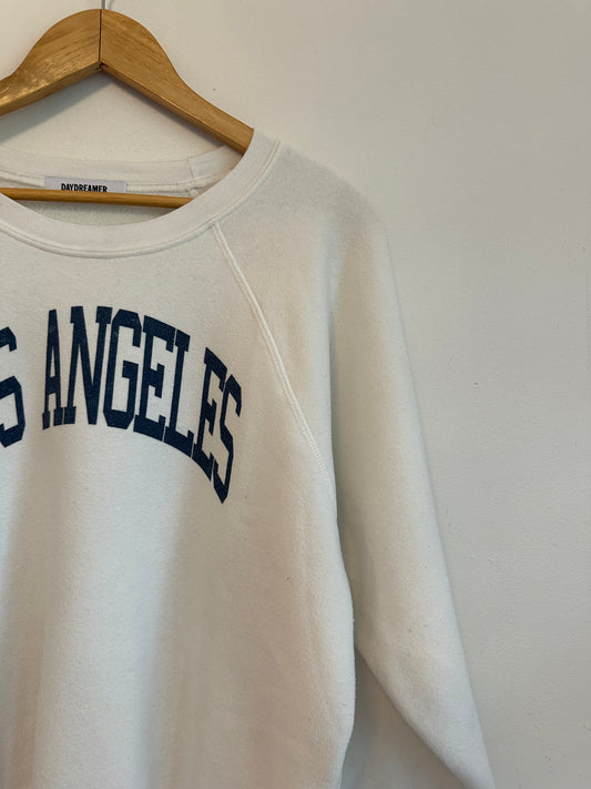 Daydreamer Los Angeles Graphic Raglan Sweatshirt in White and Navy Blue | Size Large