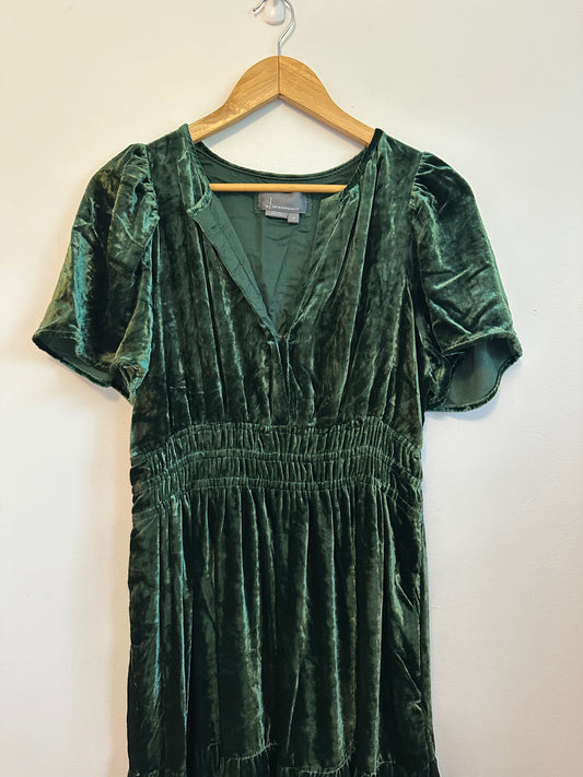 Anthropologie Green Crushed Velvet Smocked Maxi Dress | Size Medium