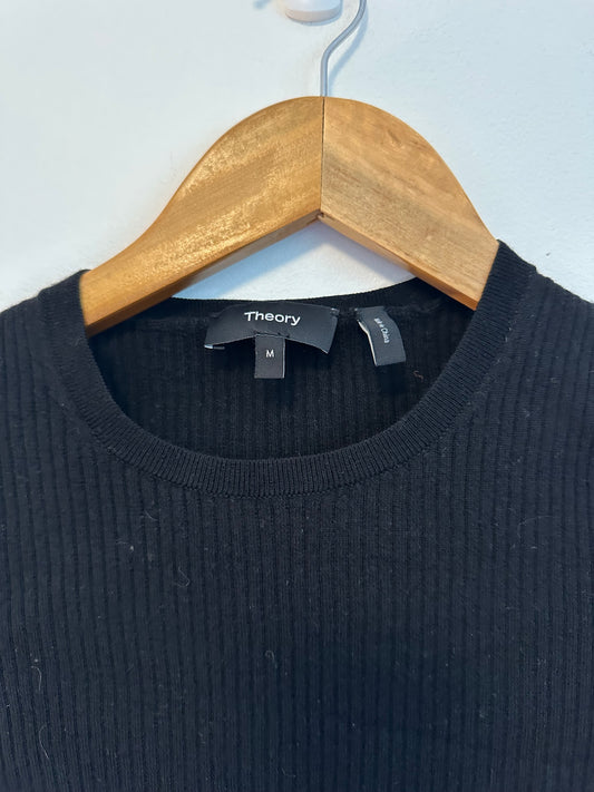 Theory Black Ribbed Long Sleeve Crew Neck Slim Fit Shirt | Size Medium