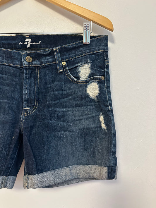 7 For All Mankind Distressed Dark Wash Denim Cuffed Shorts | Size 28