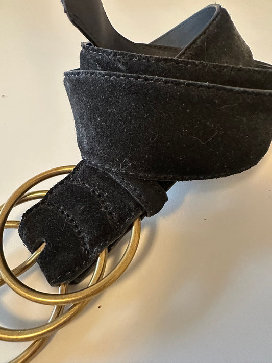 Black Suede Wide Triple Brass Ring Buckle Belt