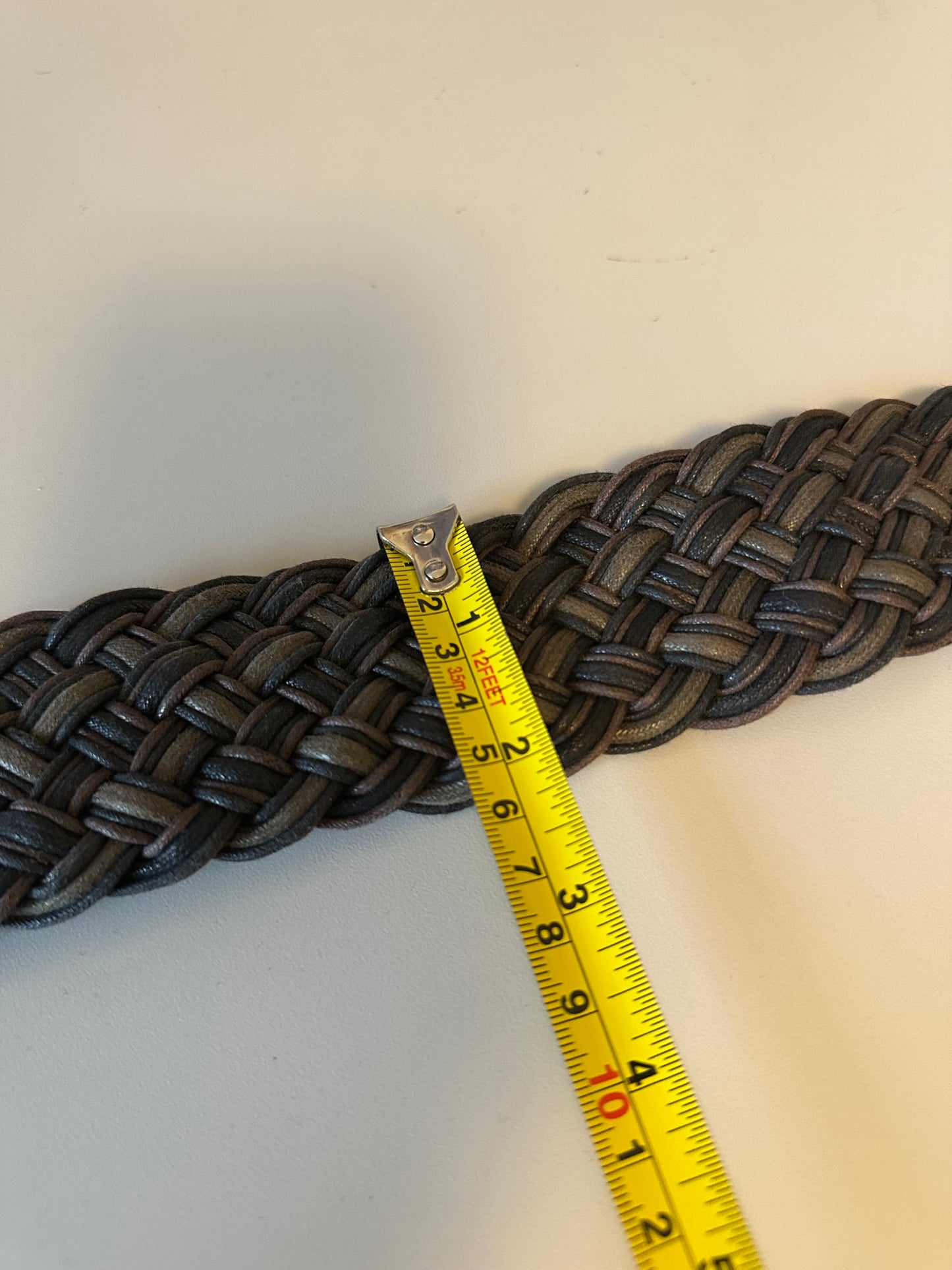 Woven Braided Wide Leather Belt with Gold Tone Sculptural Buckle